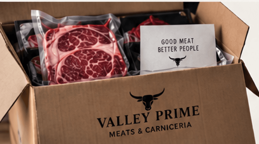 Vacuum-sealed cuts packed in a branded shipping box