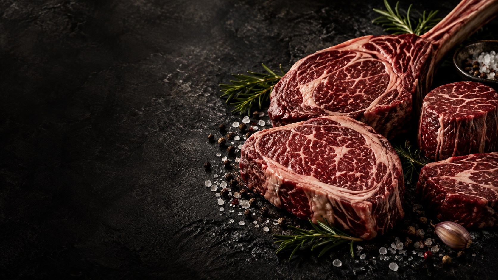 Thick-cut steaks with rosemary, peppercorns and salt on a dark stone surface